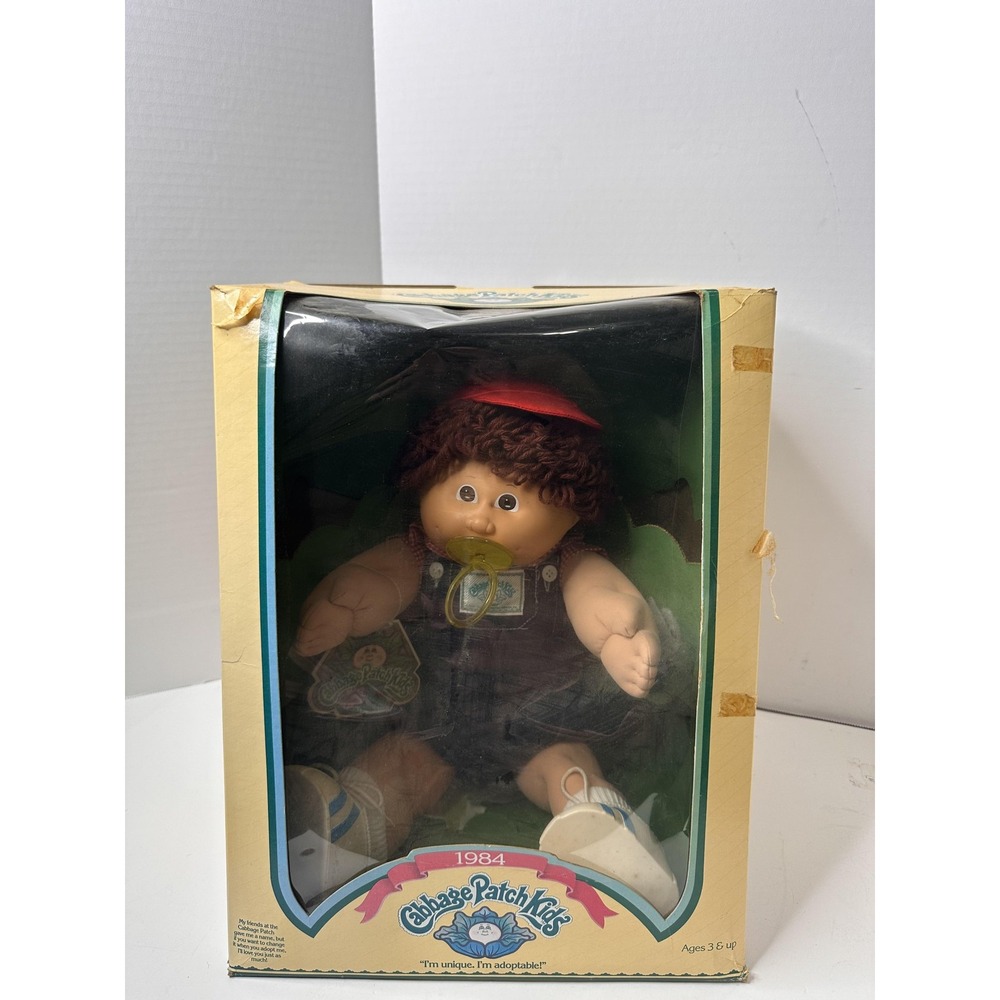 Vintage 1984 Coleco Cabbage Patch Kids Boy Doll Pacifier Hat Brown Hair In Box
